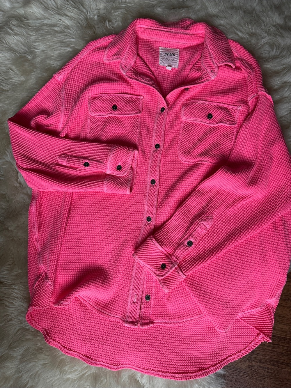 aerie Oversized Neon Pink Waffle-Knit Button-Down Shirt Jacket